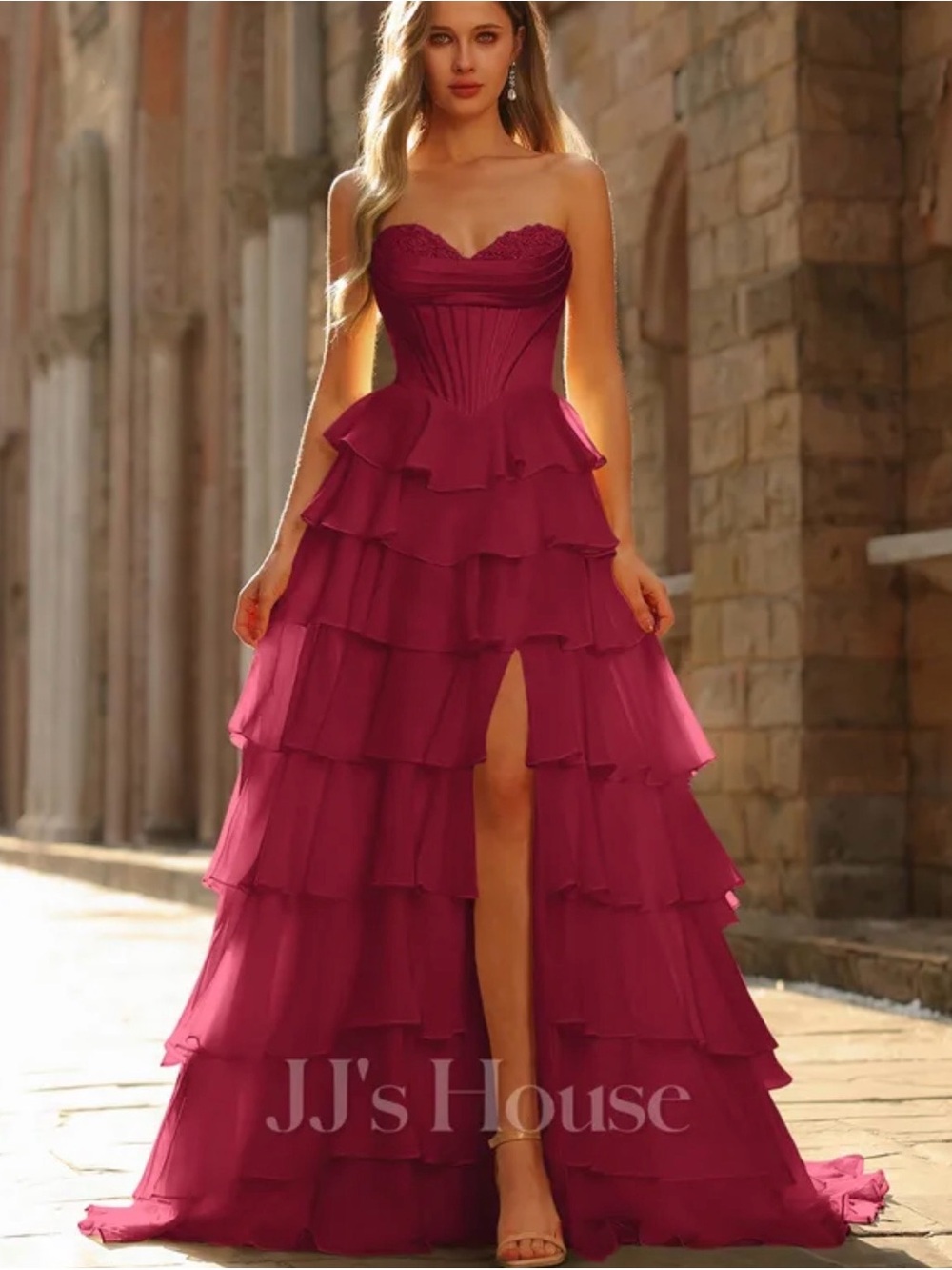 JJs House Strapless Tiered Ruffle Evening Gown in Burgundy